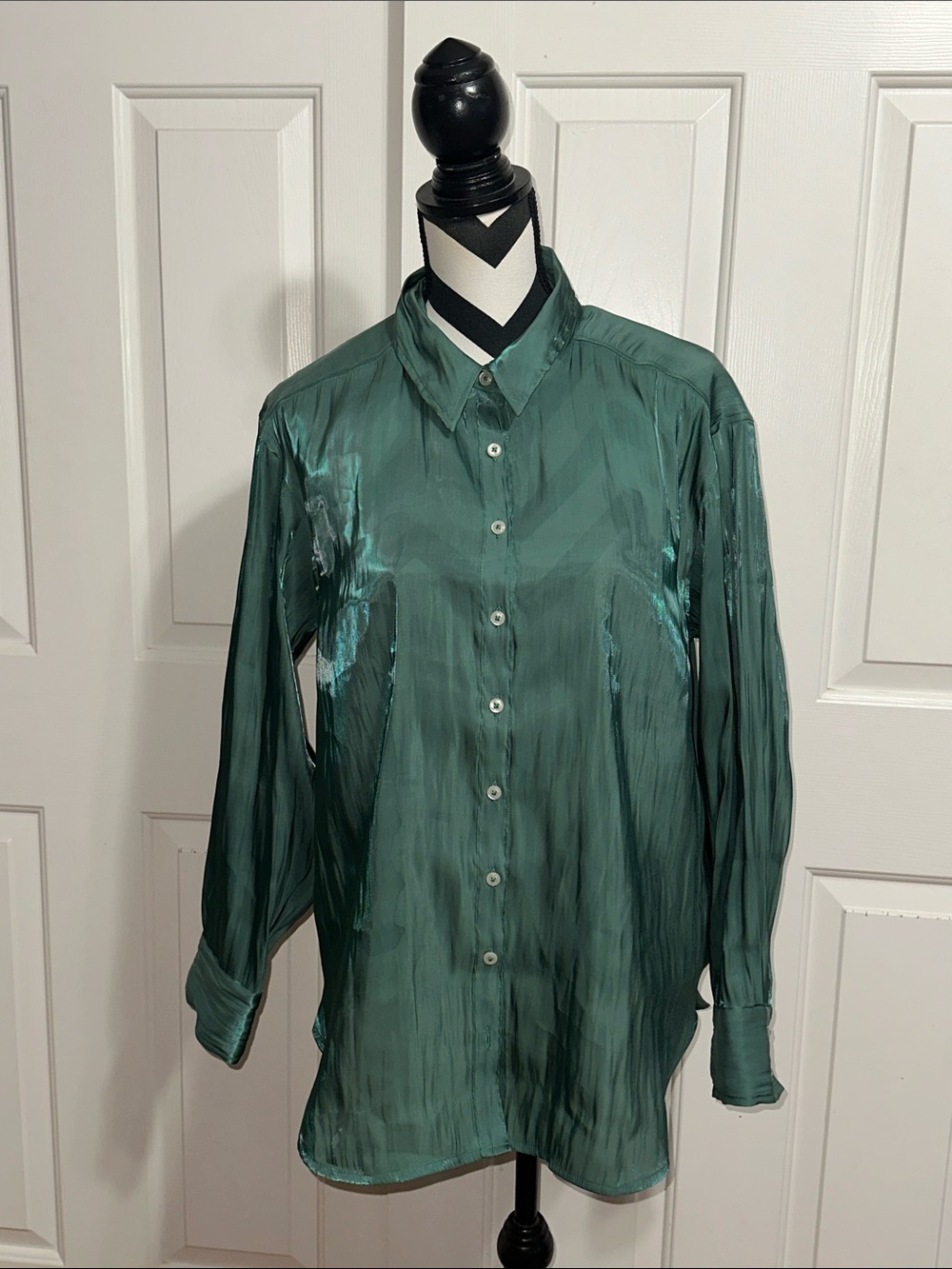 Anthropologie Shiny Emerald Green Button-Down Blouse